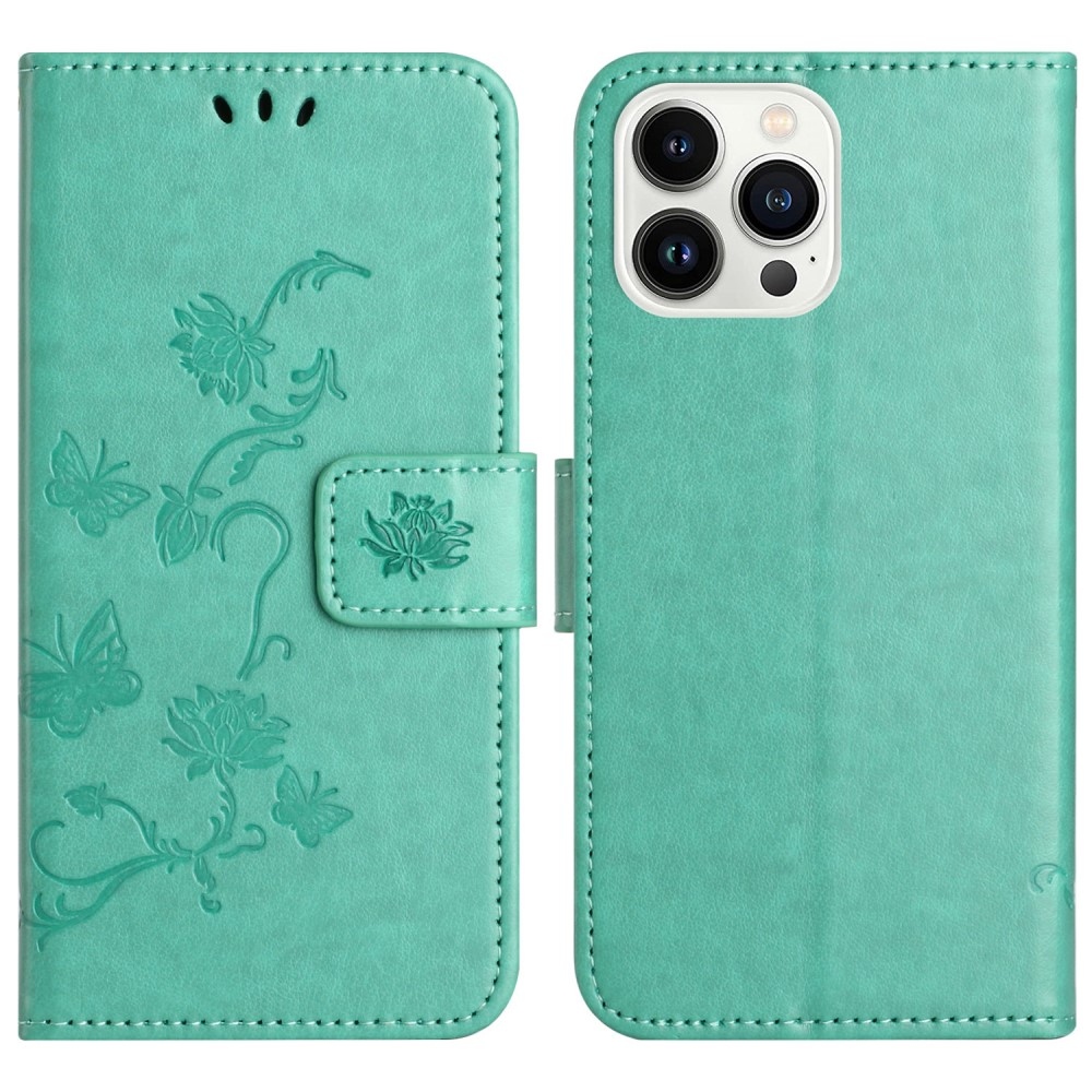 Flower knížkové pouzdro na iPhone 16 Pro - modrozelené