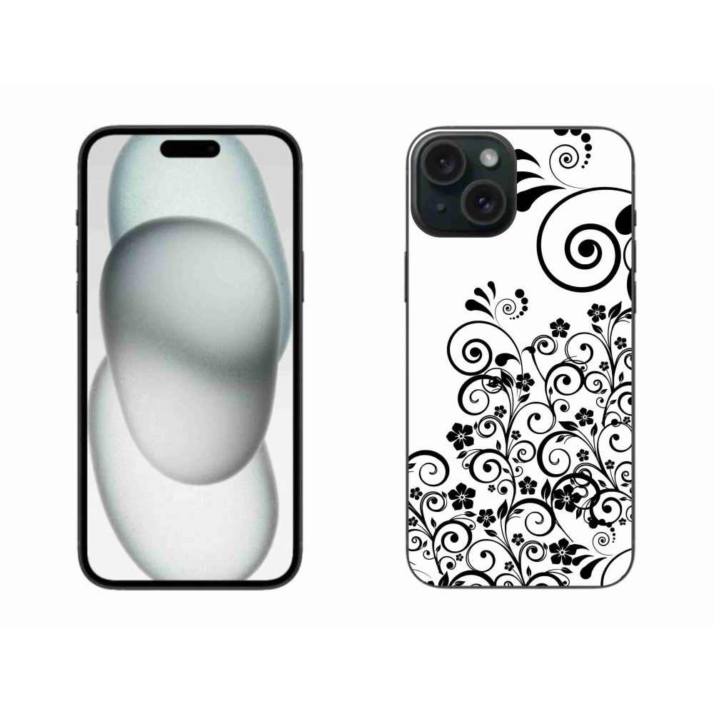Gelový kryt mmCase na iPhone 15 Plus - černobílé květinové vzory