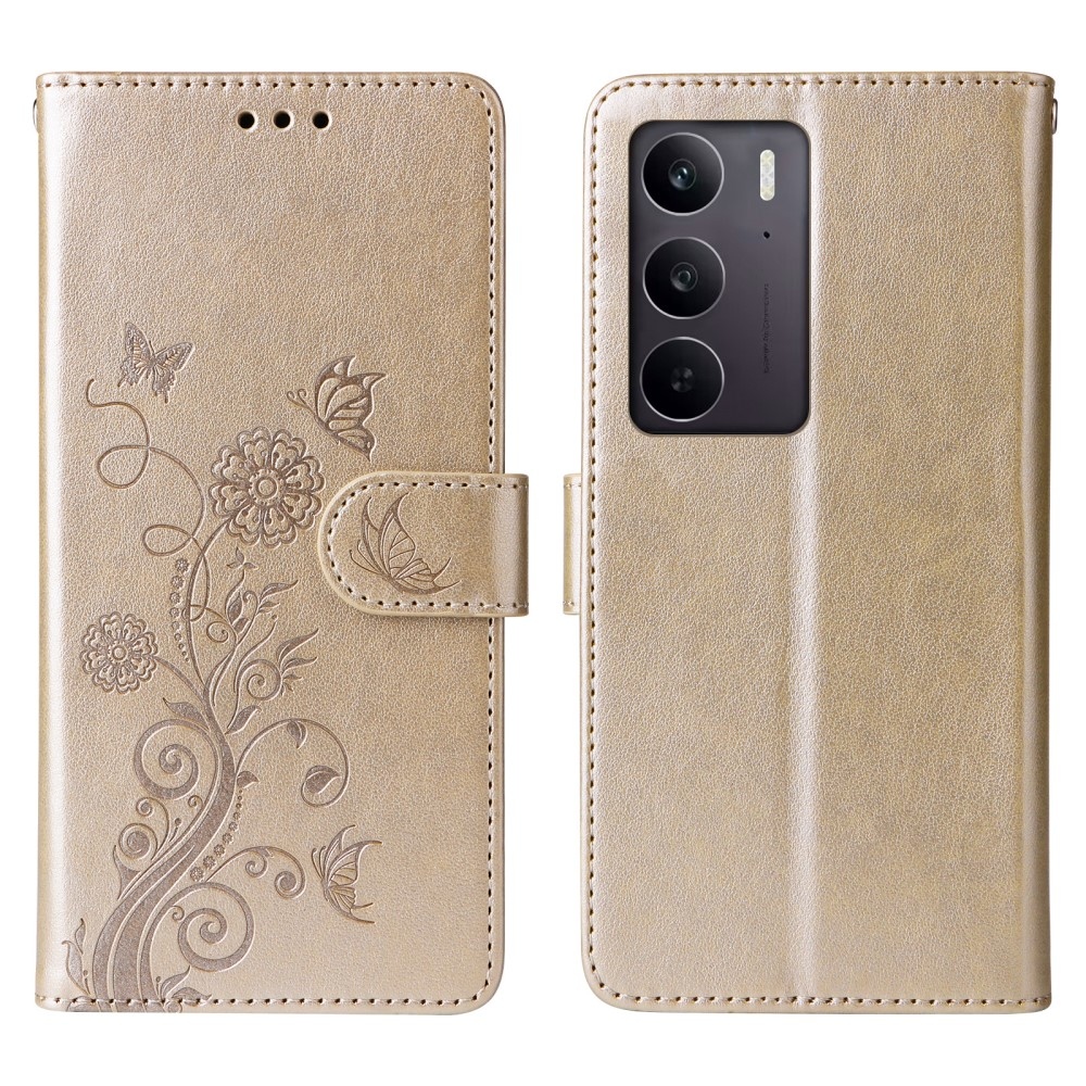 Flowery knížkové pouzdro na Realme 14x 5G/Realme C75 - zlaté