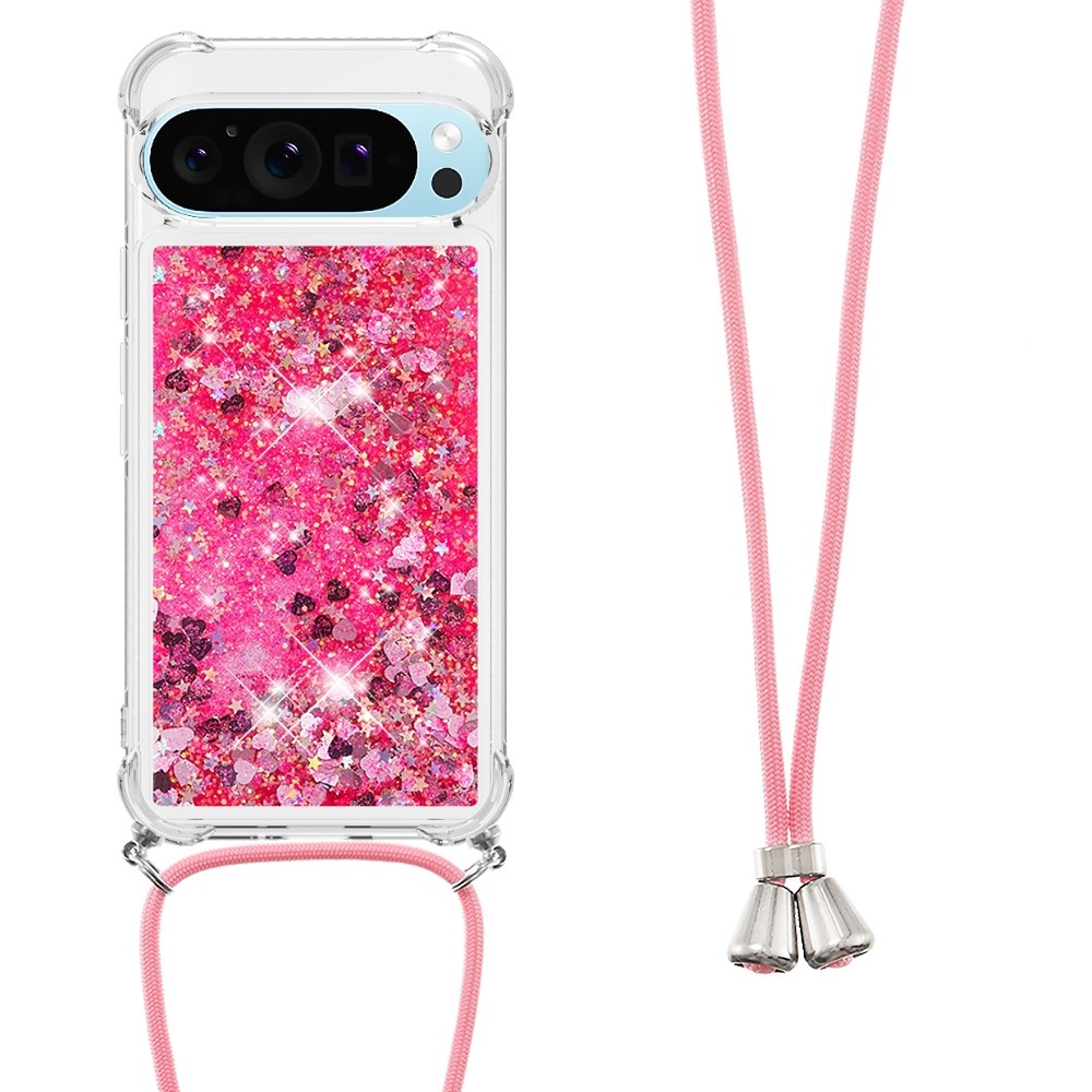 Glitters přesýpací gelový obal se šňůrkou na Google Pixel 10 Pro/Pixel 10 - růžový/srdíčka