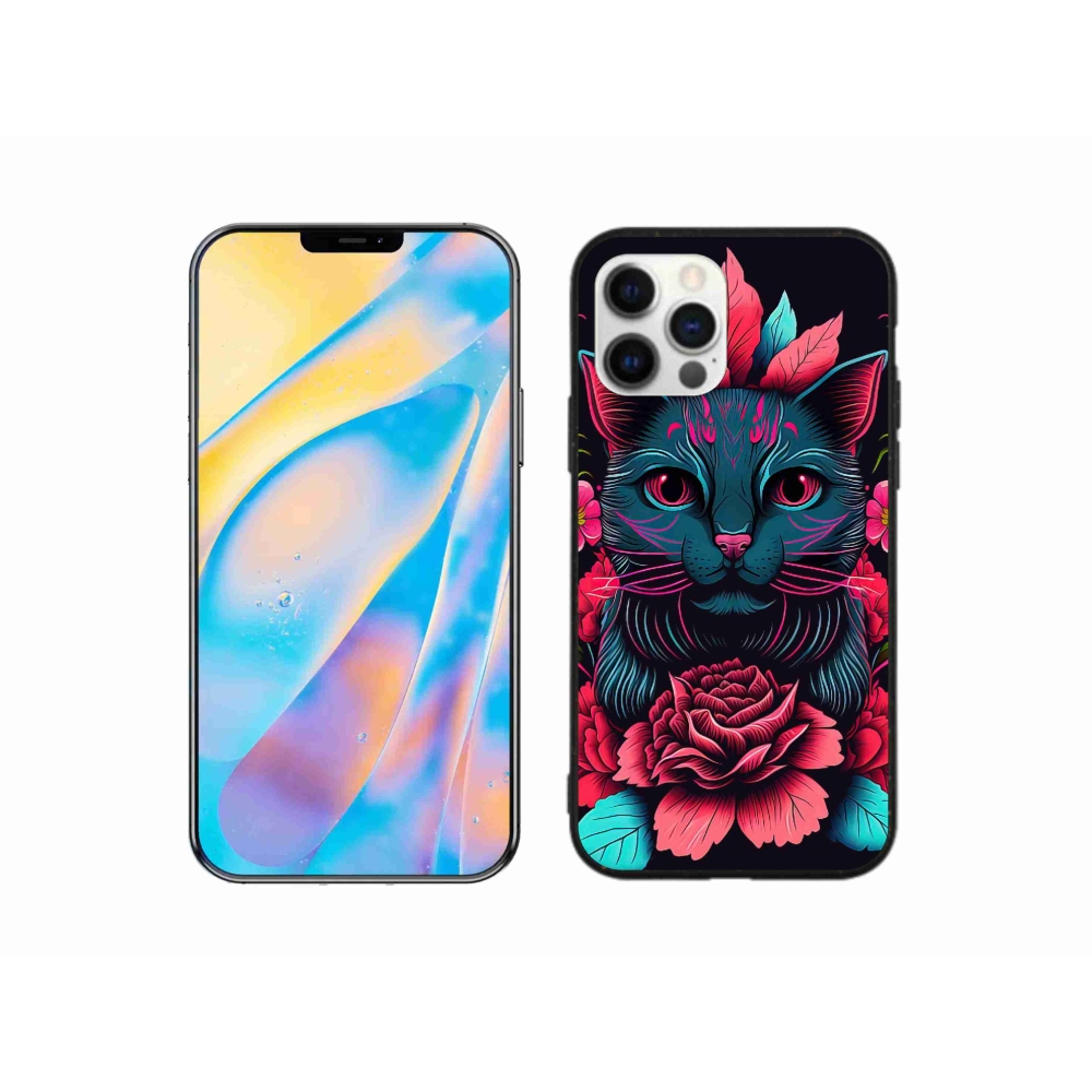 Gelový kryt mmCase na iPhone 12 Pro - květiny a kočka