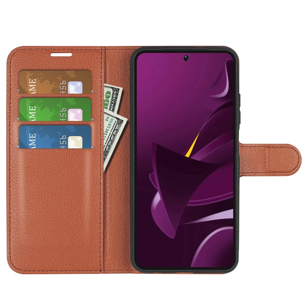 Litchi knížkové pouzdro na Xiaomi Poco M7 Pro 5G - hnědé
