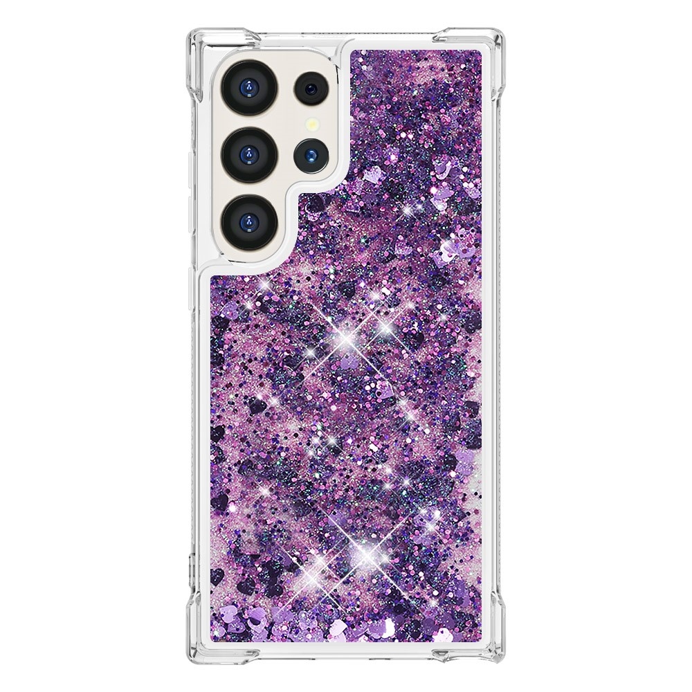 Glitter přesýpací gelový obal na Samsung Galaxy S24 Ultra - tmavěfialový/srdíčka