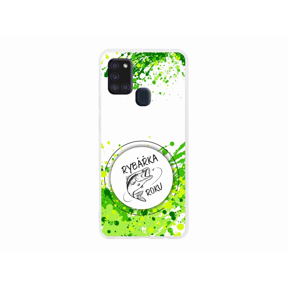 Gelový kryt mmCase na Samsung Galaxy A21s - rybářka roku bílé pozadí