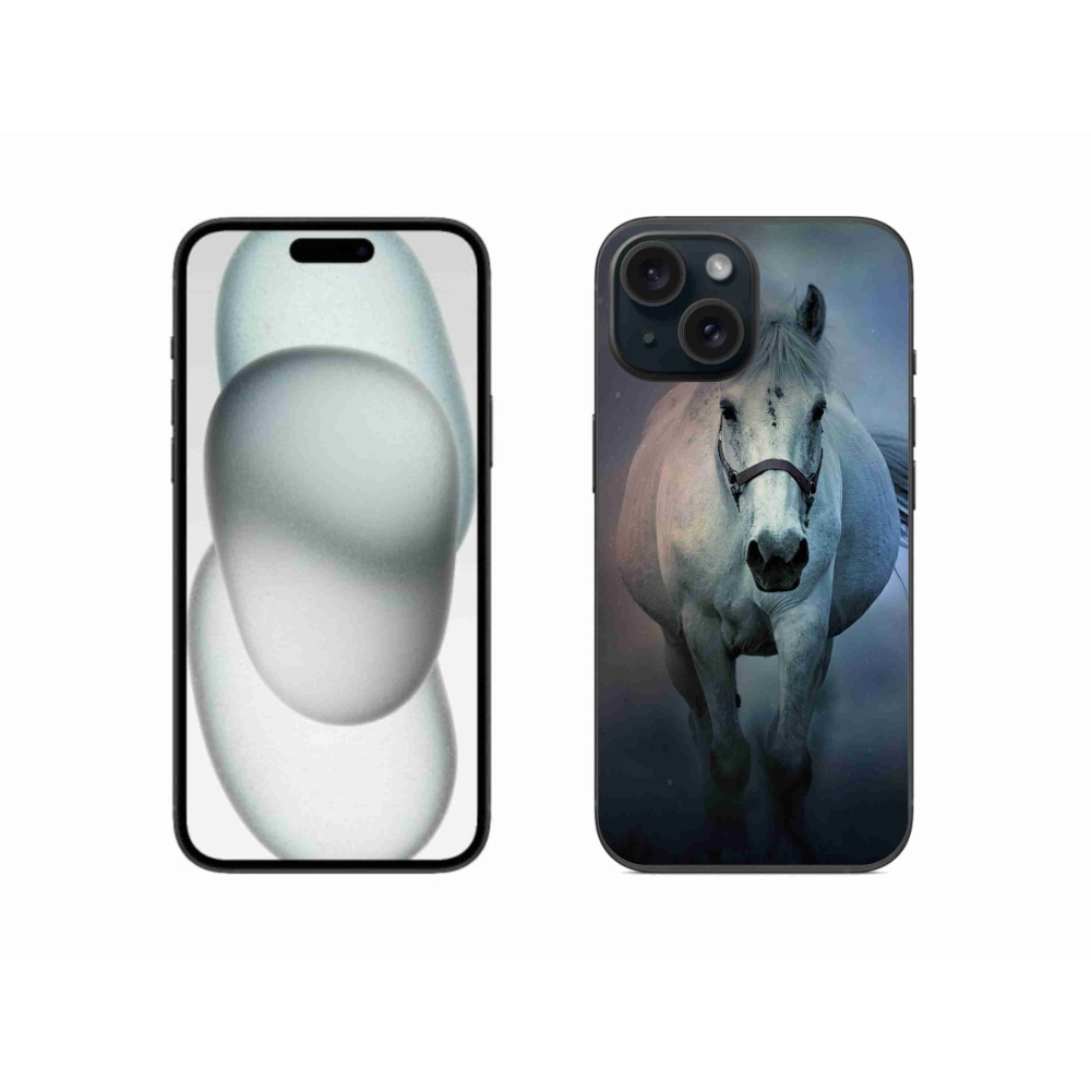 Gelový obal mmCase na iPhone 15 - běžící bílý kůň