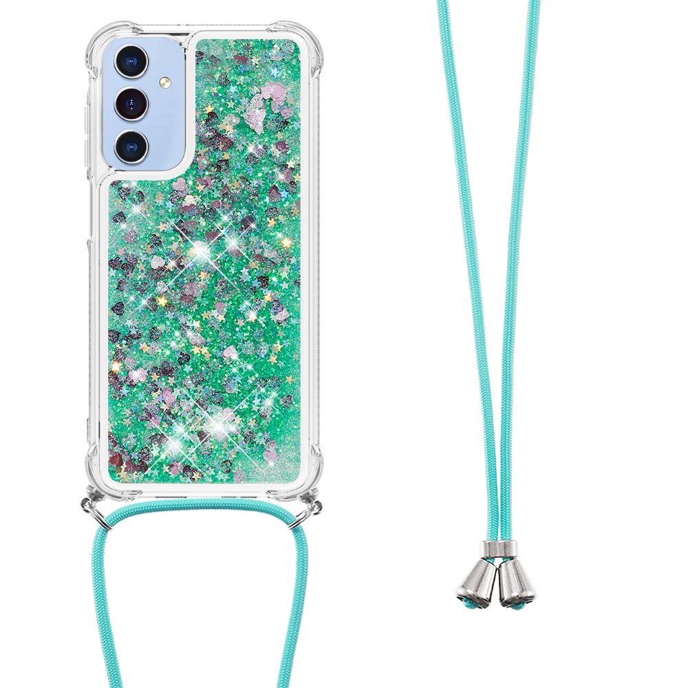 Glitters přesýpací gelový obal se šňůrkou na Samsung Galaxy A17 5G - zelený/srdíčka