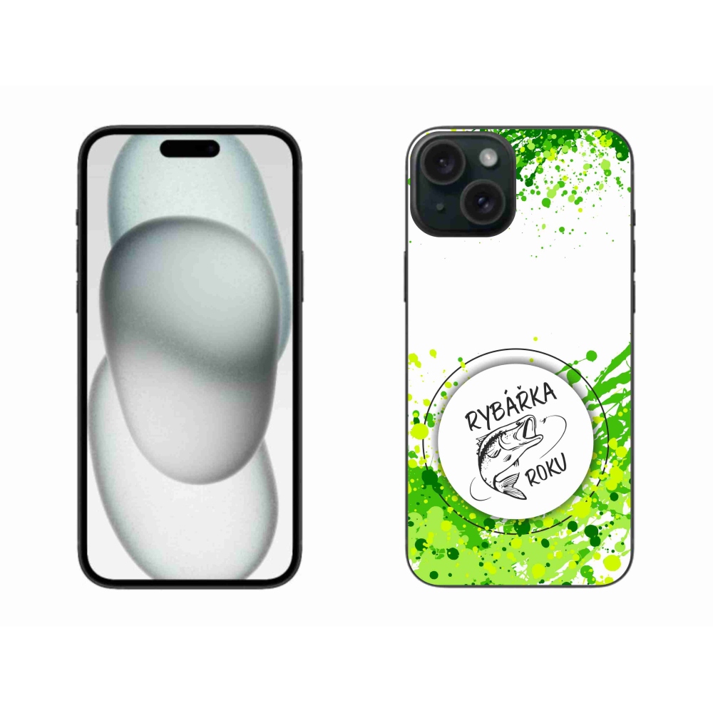 Gelový kryt mmCase na iPhone 15 Plus - rybářka roku bílé pozadí