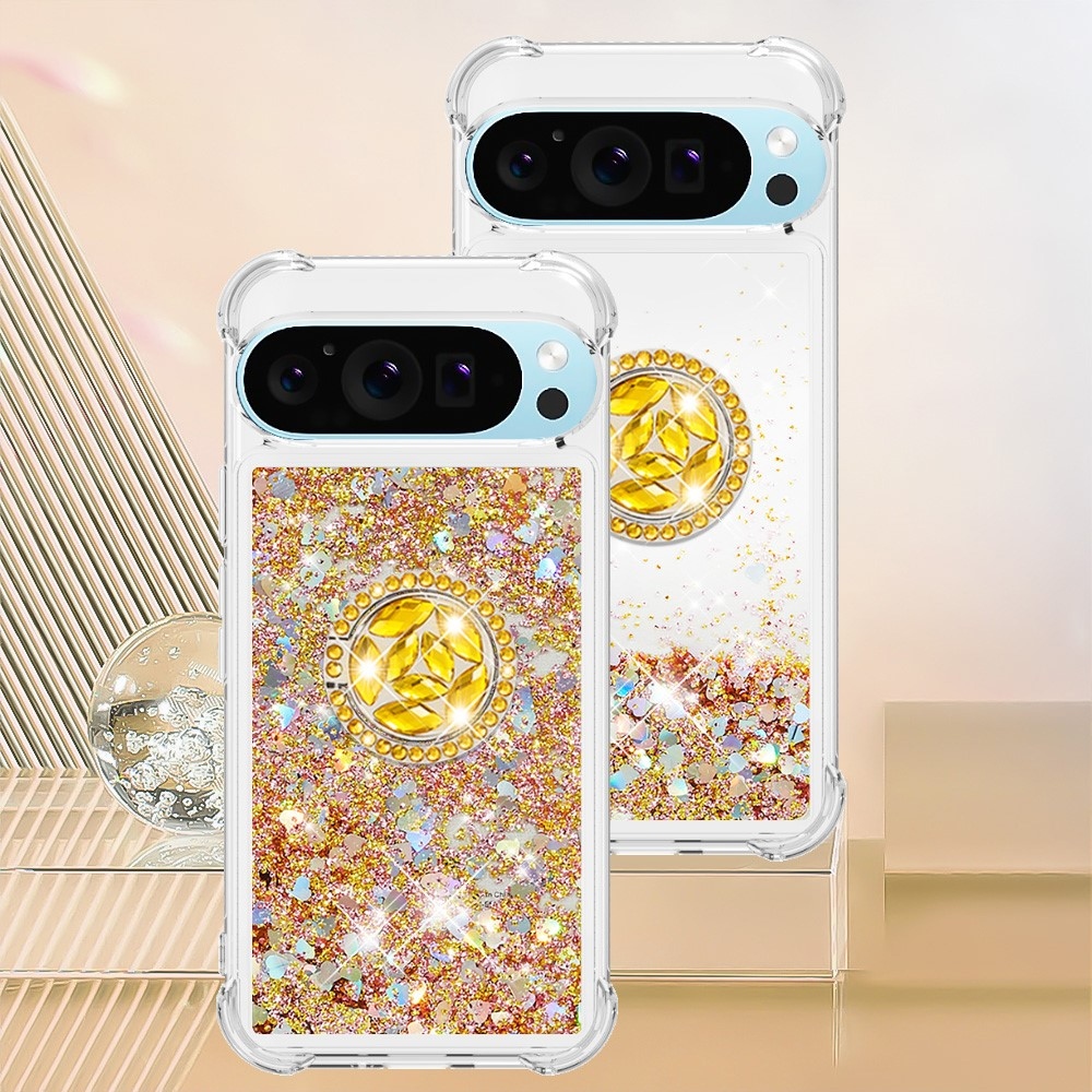 Glitt přesýpací gelový obal s kroužkem na prst na Google Pixel 10 - zlatý/srdíčka