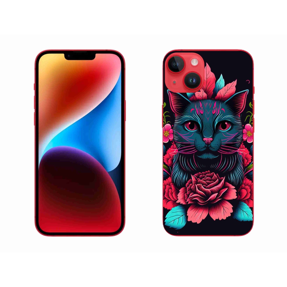Gelový kryt mmCase na iPhone 14 Plus - květiny a kočka