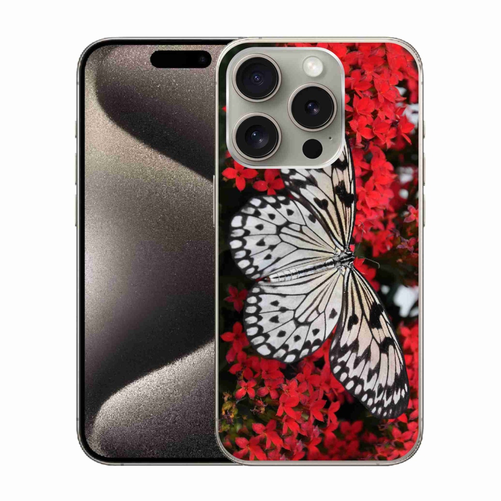 Gelový kryt mmCase na iPhone 15 Pro - černobílý motýl 1