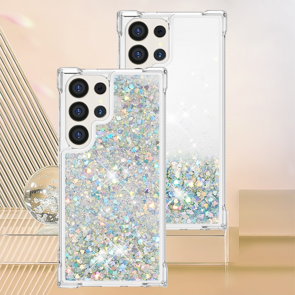 Glitter přesýpací gelový obal na Samsung Galaxy S24 Ultra - stříbrný/srdíčka