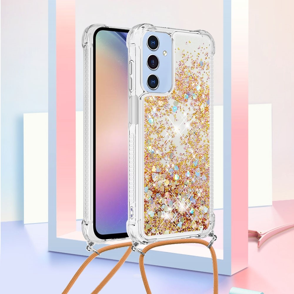 Glitters přesýpací gelový obal se šňůrkou na Samsung Galaxy A26 5G - zlatý/srdíčka
