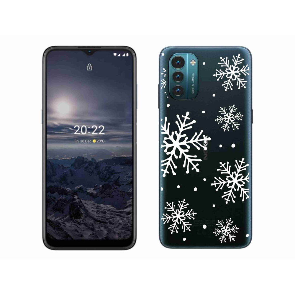 Gelový kryt mmCase na Nokia G11/G21 - bílé vločky na průhledném pozadí