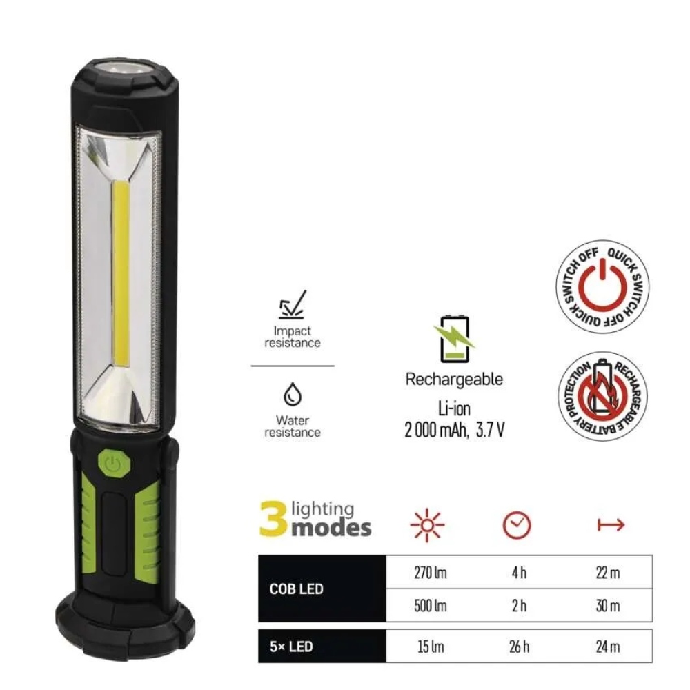 COB LED + LED pracovní svítilna P4525,500 lm,Li-Ion 2000 mAh