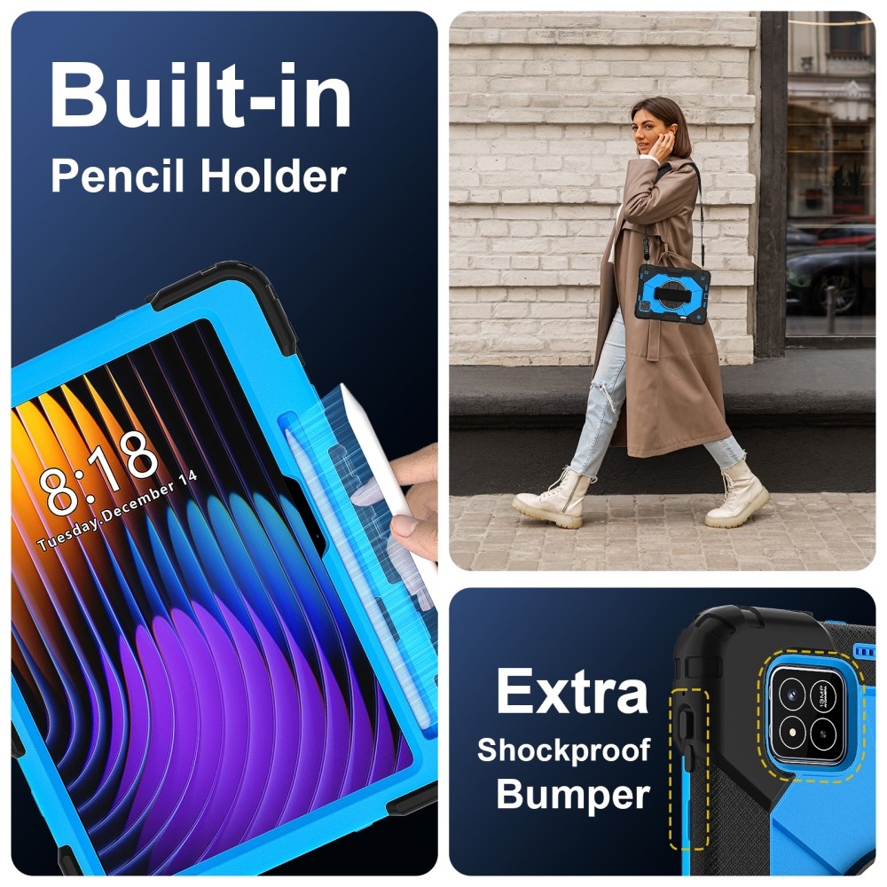 Strap odolný kryt s držákem na ruku a ramenním popruhem na Xiaomi Pad 7/7 Pro - černý/modrý