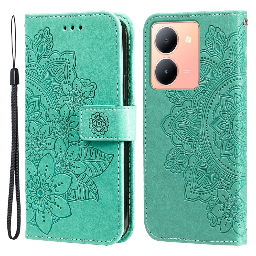 Floral knížkové pouzdro na Vivo Y36 - modrozelené