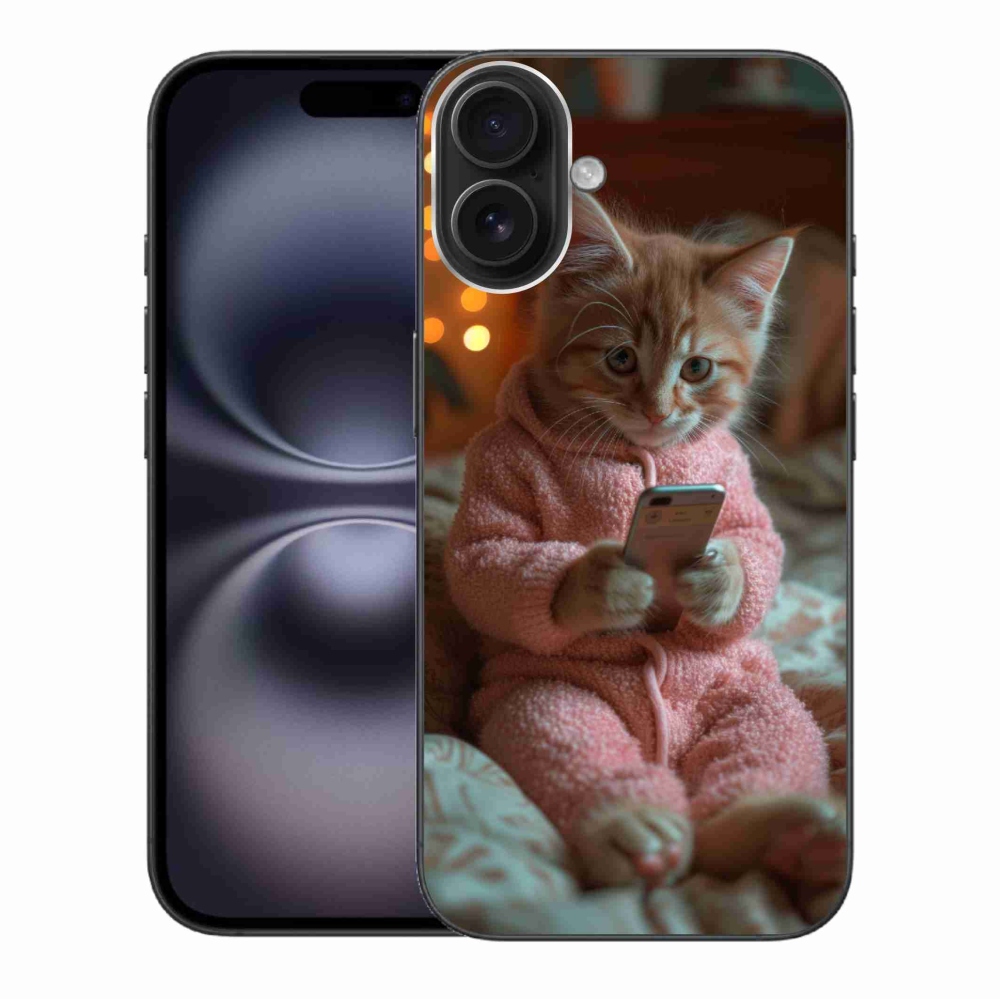Gelový kryt mmCase na iPhone 16 Plus - kotě s mobilem