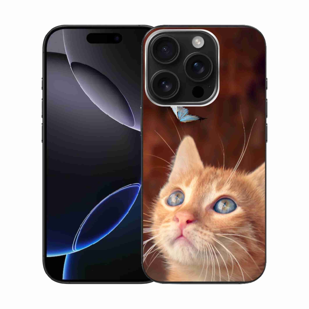 Gelový kryt mmCase na iPhone 16 Pro - motýl a kotě