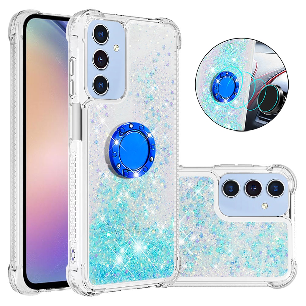Glitt přesýpací gelový obal s kroužkem na prst na Samsung Galaxy A17 5G - modrý/hvězdičky