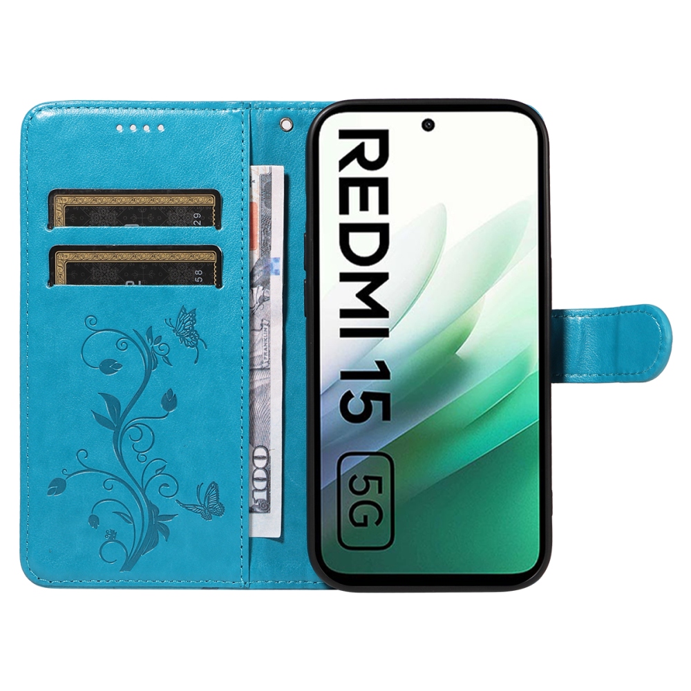 Flowery knížkové pouzdro na Xiaomi Redmi 15 4G (171mm) - modré