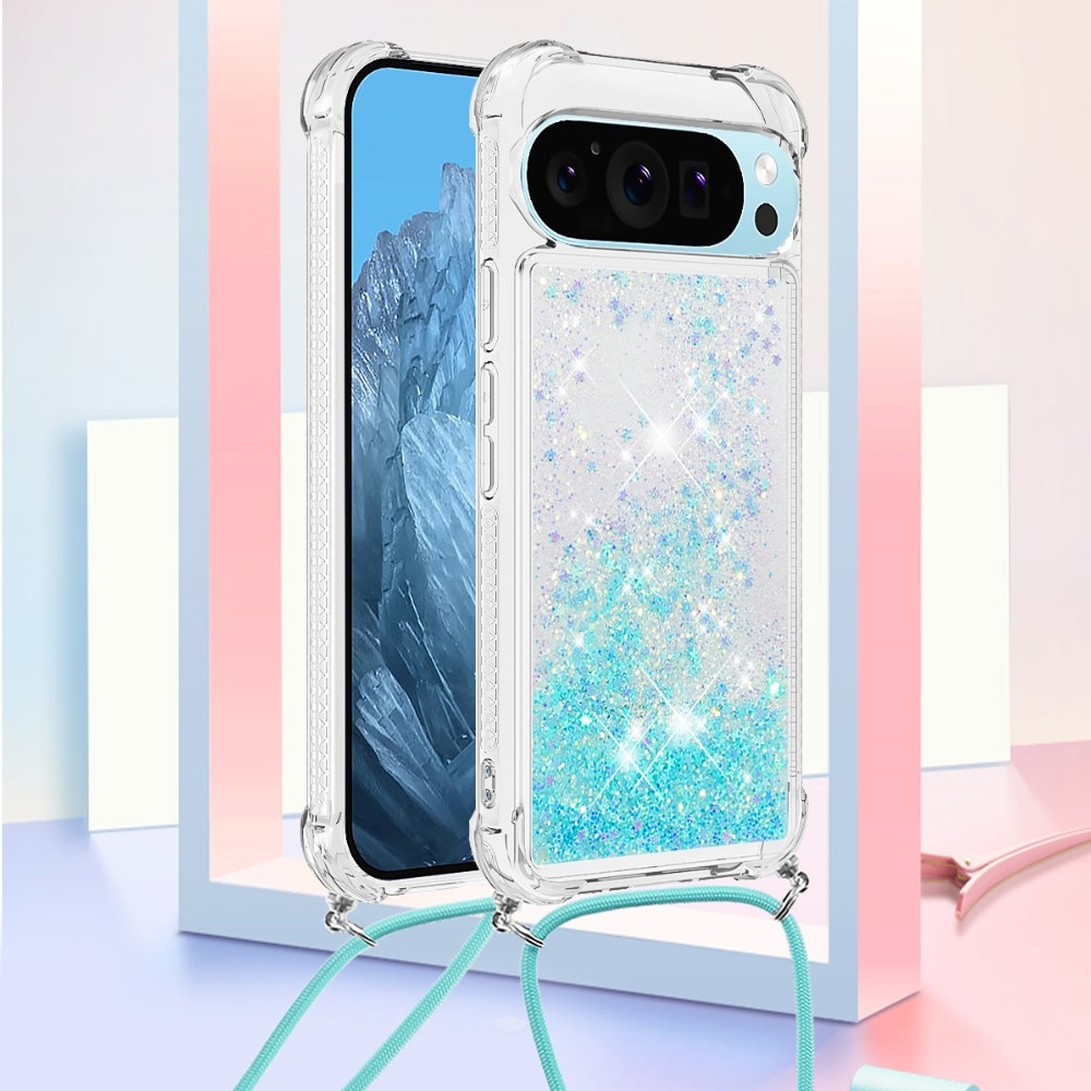 Glitters přesýpací gelový obal se šňůrkou na Google Pixel 10 Pro/Pixel 10 - modrý/hvězdičky