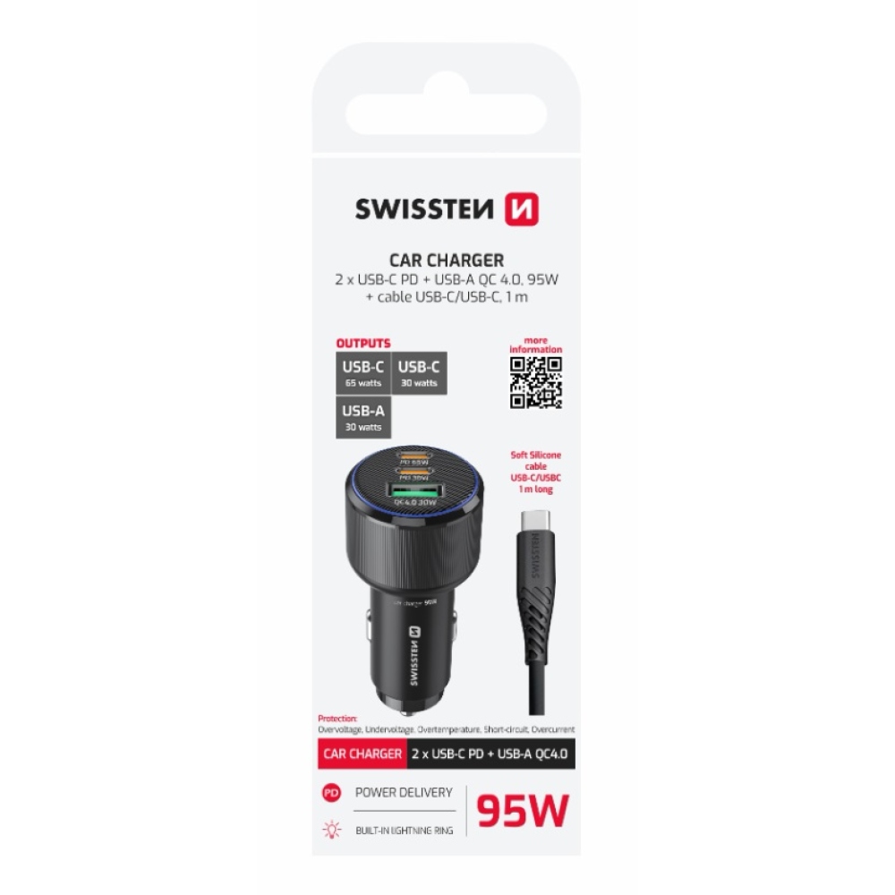 Swissten CL Adaptér 2x USB-C PD + USB-A, 95W - černý + kabel USB-C / USB-C, 1m