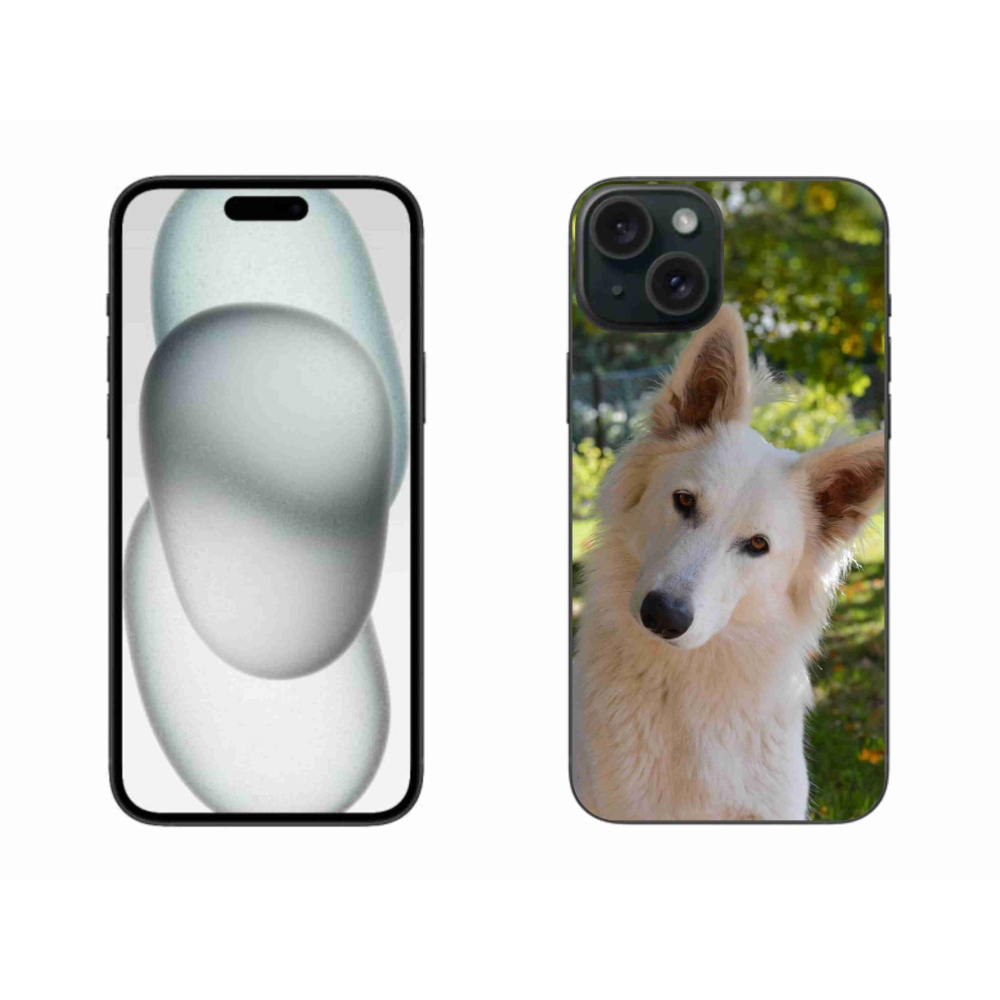 Gelový kryt mmCase na iPhone 15 Plus - bílý švýcarský ovčák 1