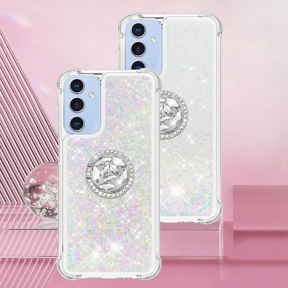 Glitt přesýpací gelový obal s kroužkem na prst na Samsung Galaxy A17 5G - růžovostříbrný/srdíčka