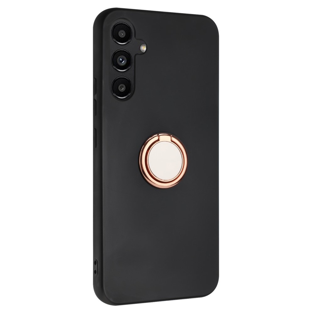 Matný gelový obal s kroužkem na prst na Samsung Galaxy M15 5G - černý/růžovozlatý