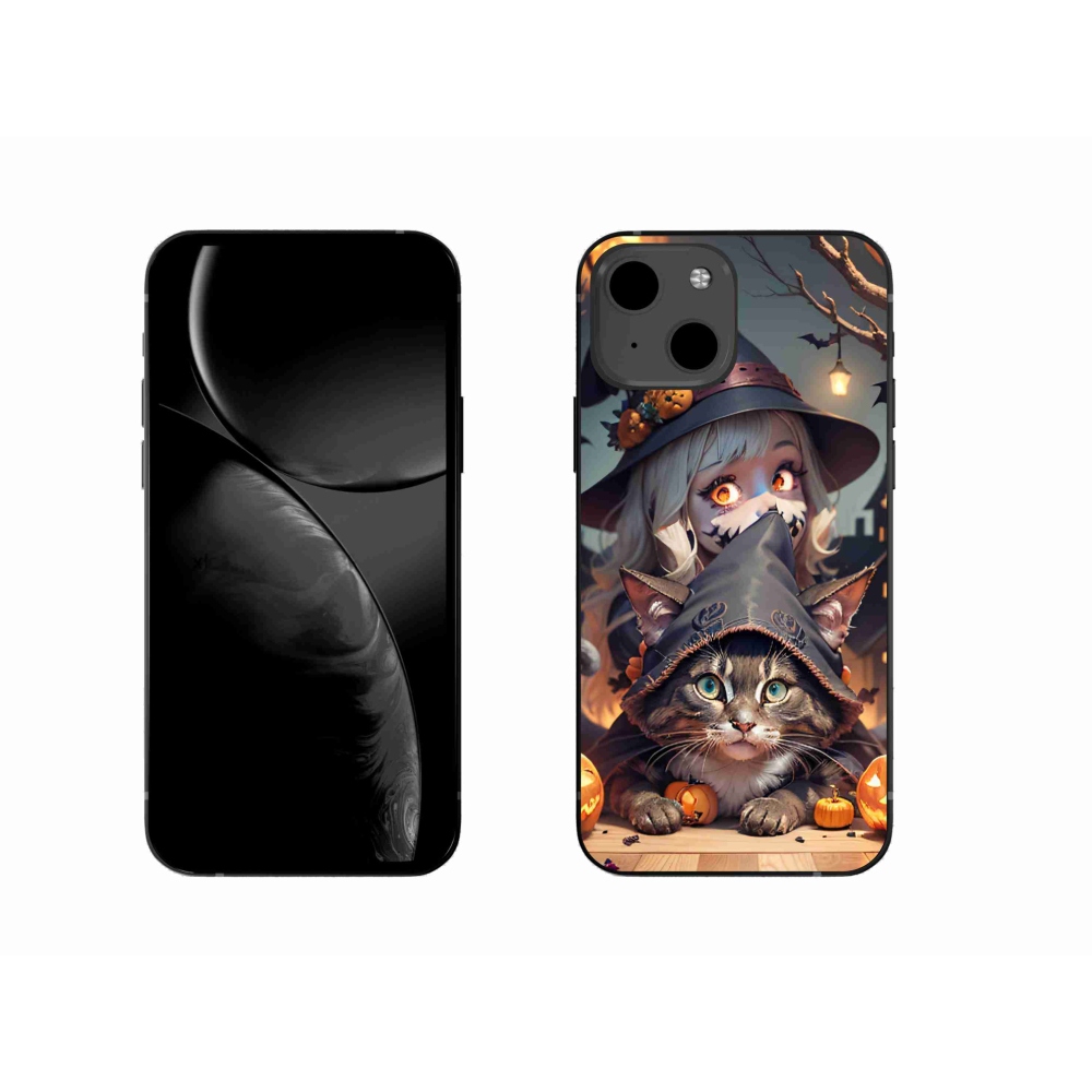 Gelový kryt mmCase na iPhone 13 - čarodějnice s kočkou