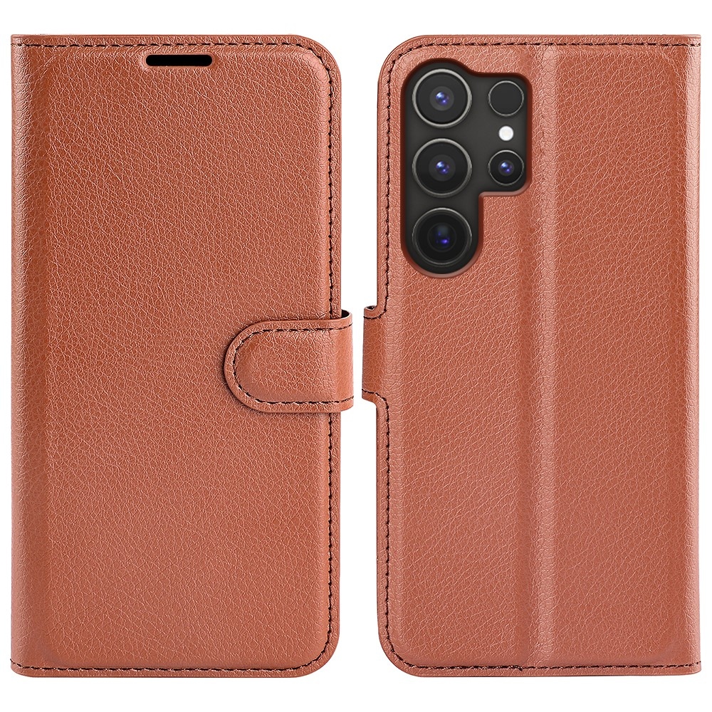 Litchi knížkové pouzdro na Samsung Galaxy S25 Ultra - hnědé
