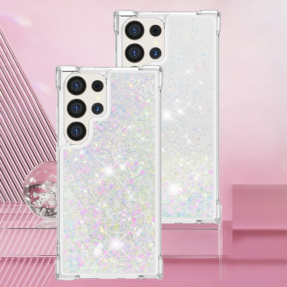 Glitter přesýpací gelový obal na Samsung Galaxy S24 Ultra - růžovostříbrný/srdíčka