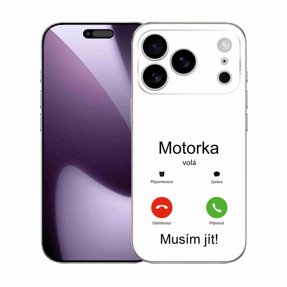 Gelový kryt mmCase na iPhone 17 Pro - motorka volá bílé pozadí