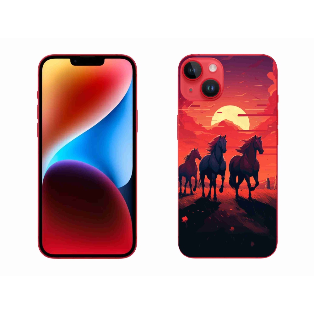 Gelový kryt mmCase na iPhone 14 Plus - koně a západ slunce