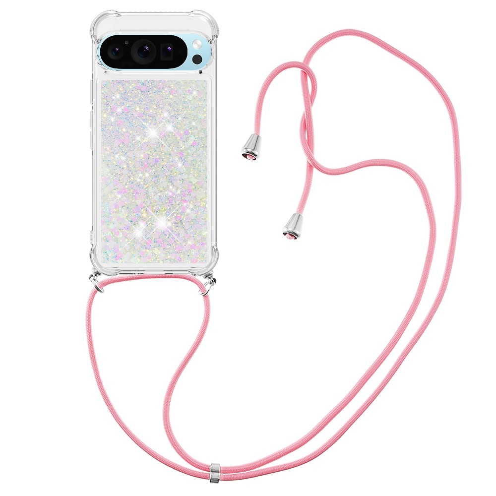 Glitters přesýpací gelový obal se šňůrkou na Google Pixel 10 Pro/Pixel 10 - růžovostříbrný/srdíčka