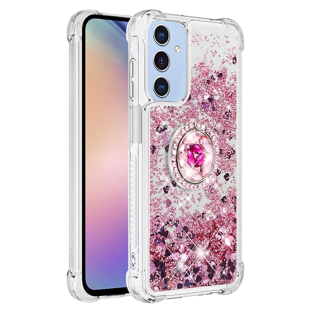 Glitt přesýpací gelový obal s kroužkem na prst na Samsung Galaxy A17 5G - růžovozlatý/srdíčka