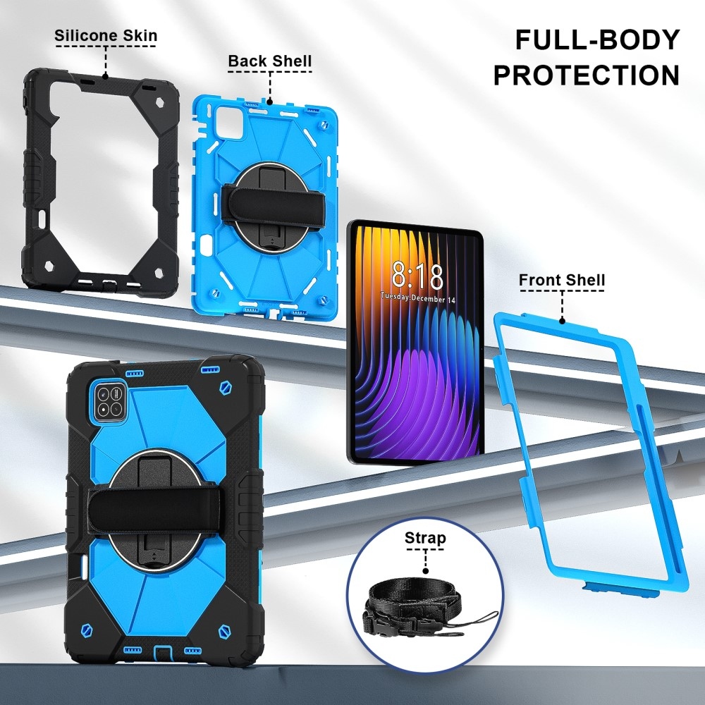 Strap odolný kryt s držákem na ruku a ramenním popruhem na Xiaomi Pad 7/7 Pro - černý/modrý