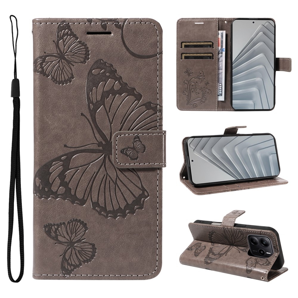 Big Butterfly knížkové pouzdro na Xiaomi Redmi Note 14 - šedé