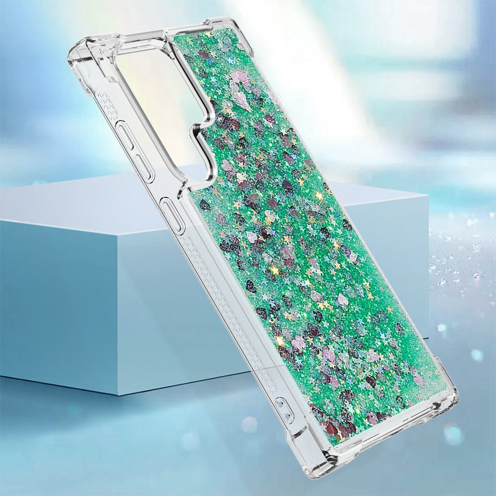 Glitter přesýpací gelový obal na Samsung Galaxy S24 Ultra - zelený/srdíčka