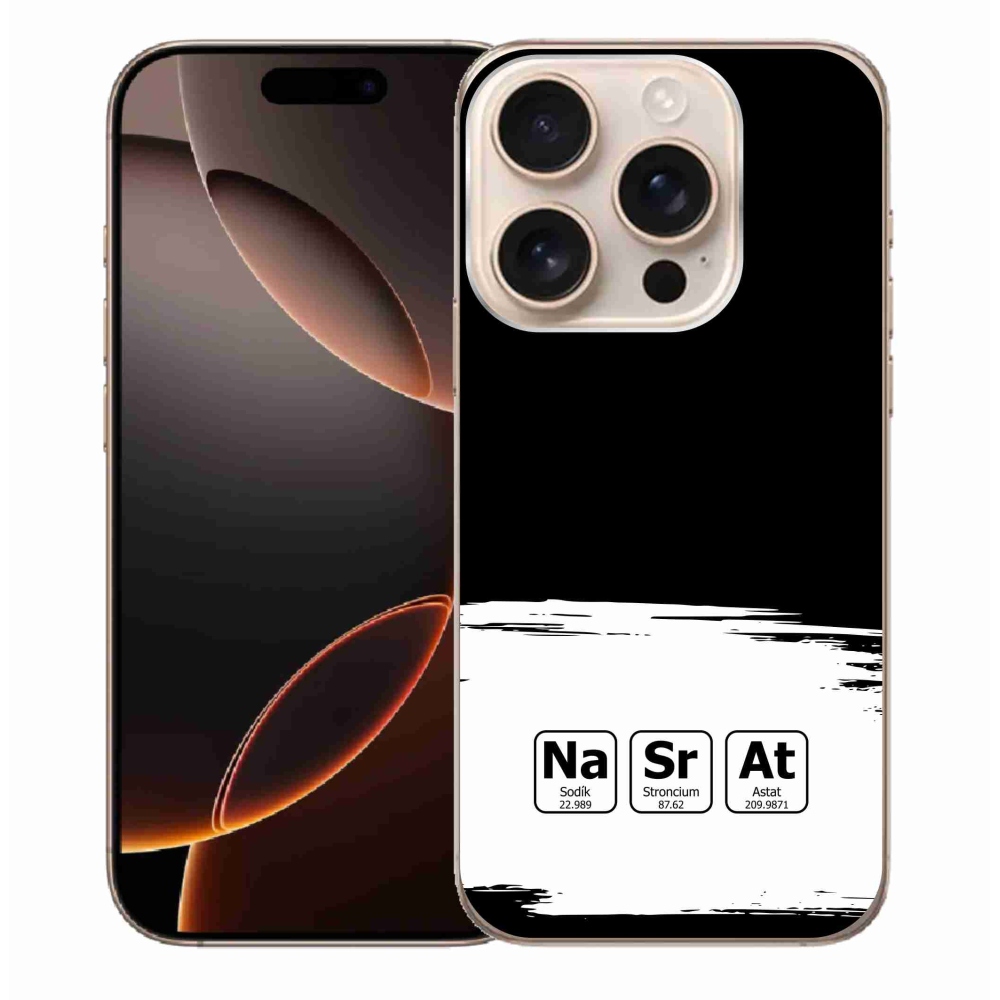 Gelový kryt mmCase na iPhone 16 Pro Max - chemické prvky bíločerné pozadí