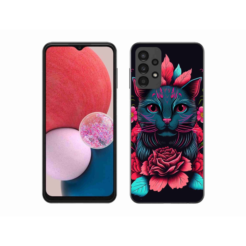 Gelový kryt mmCase na Samsung Galaxy A13 4G - květiny a kočka