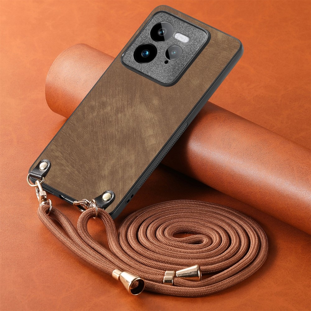Retro gelový obal se šňůrkou a s umělou kůží na Realme GT 7 Pro 5G - hnědý