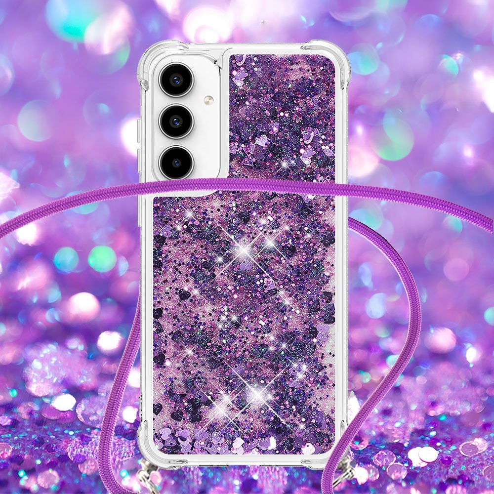 Glitters přesýpací gelový obal se šňůrkou na Samsung Galaxy A56 5G - tmavěfialový/srdíčka