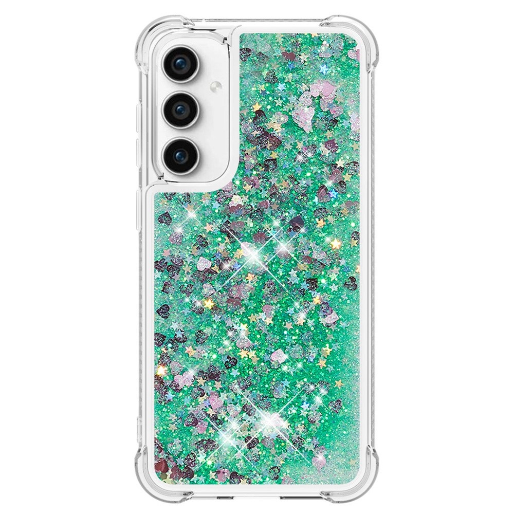Glitter gelový přesýpací obal na Samsung Galaxy S23 FE - zelený/srdíčka
