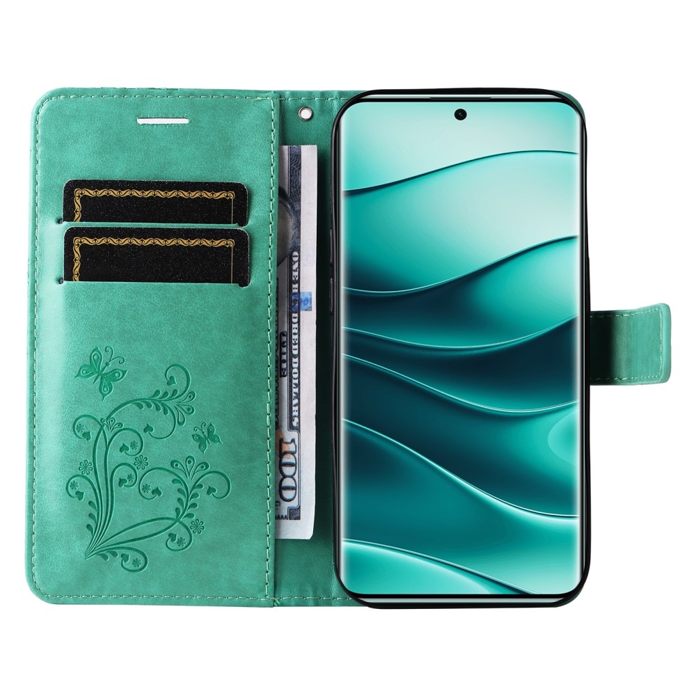 Big Butterfly knížkové pouzdro na Xiaomi Redmi Note 14 Pro 5G/Poco X7 5G/Note 14 Pro+ 5G - modrozelené