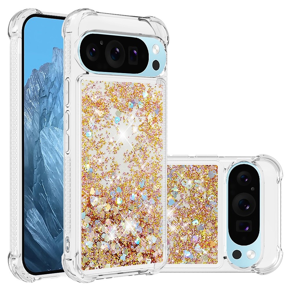Glitter přesýpací gelový obal na Google Pixel 10 Pro/Pixel 10 - zlatý/srdíčka