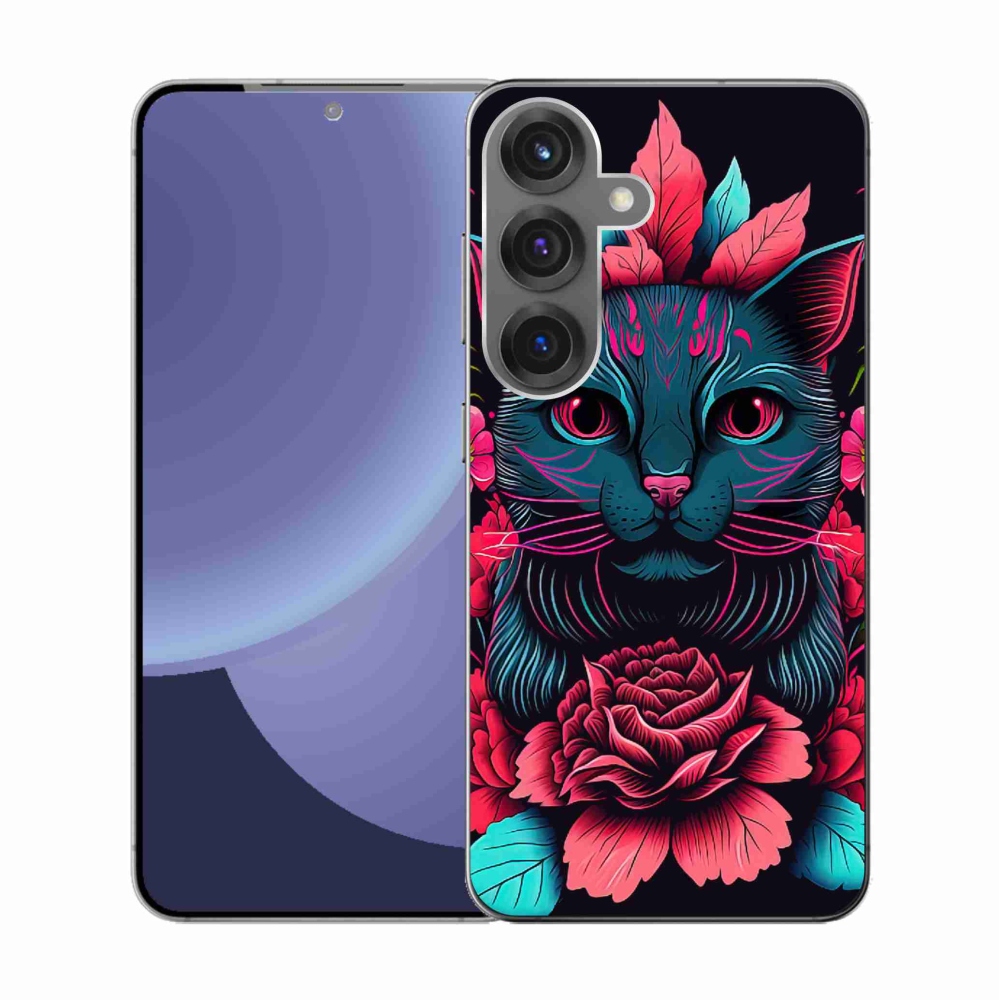 Gelový kryt mmCase na Samsung Galaxy S25 - květiny a kočka