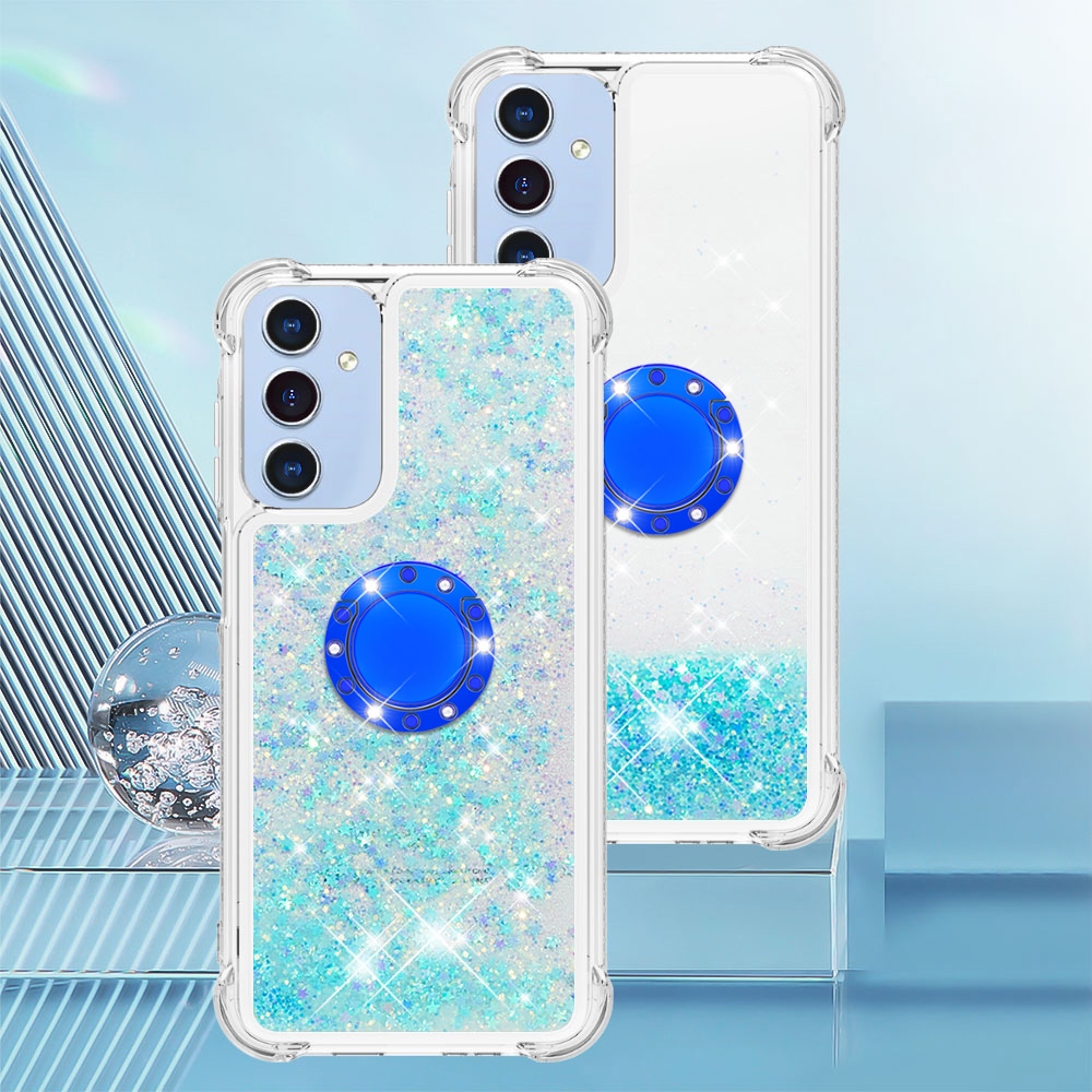 Glitt přesýpací gelový obal s kroužkem na prst na Samsung Galaxy A17 5G - modrý/hvězdičky