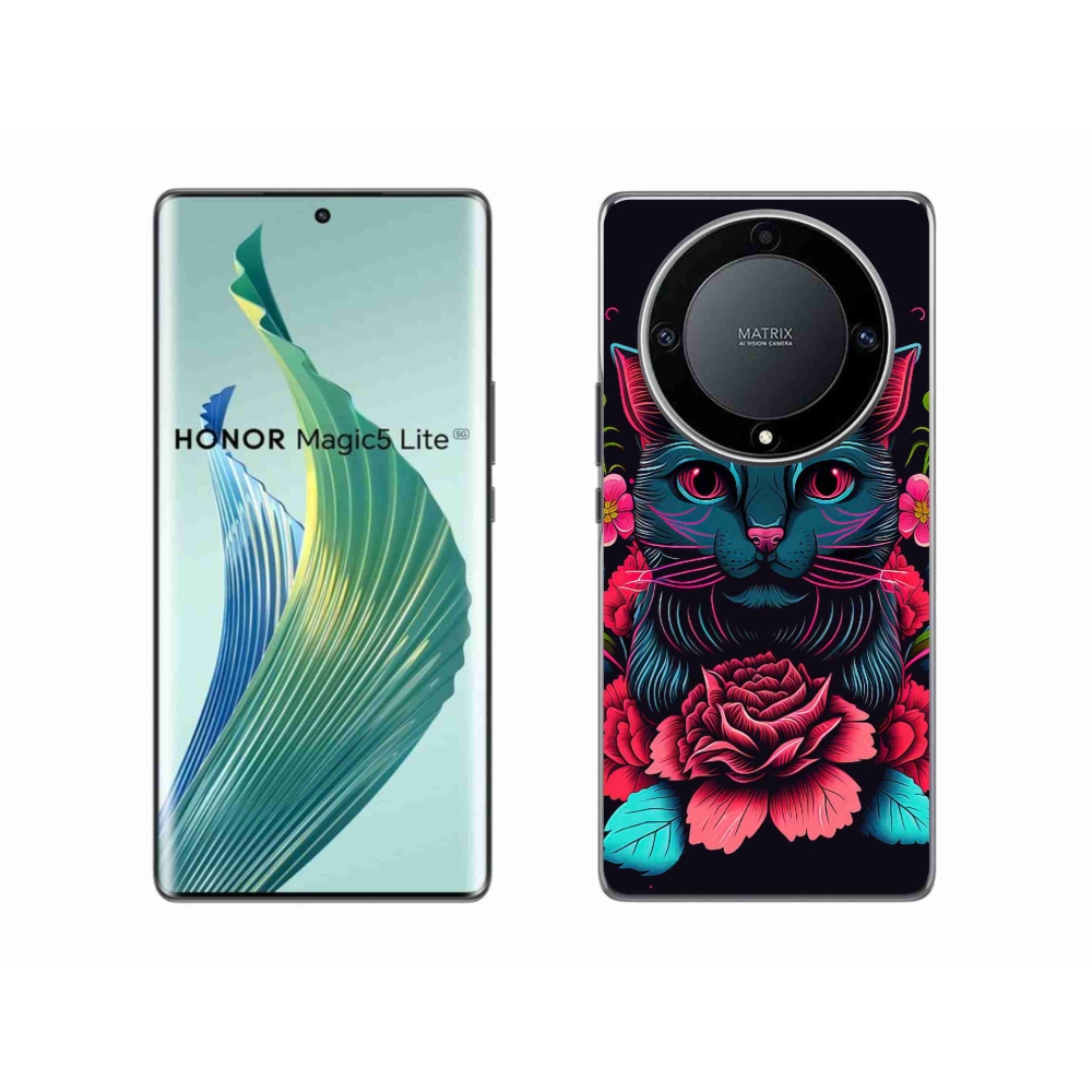 Gelový kryt mmCase na Honor Magic 5 Lite 5G - květiny a kočka
