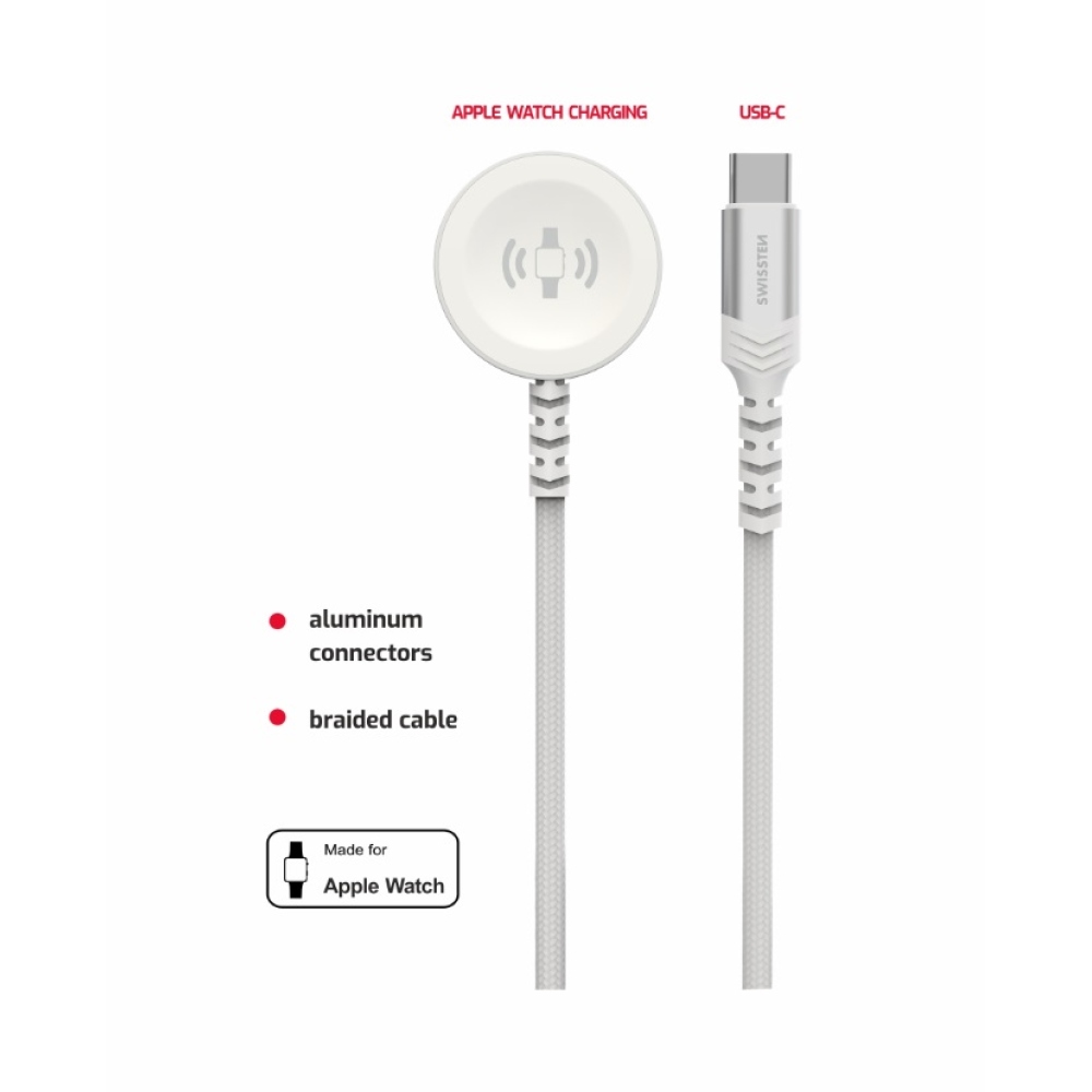 Swissten opletený kovový magnetický kabel pro Apple Watch, USB-C 1.2 m - bílý